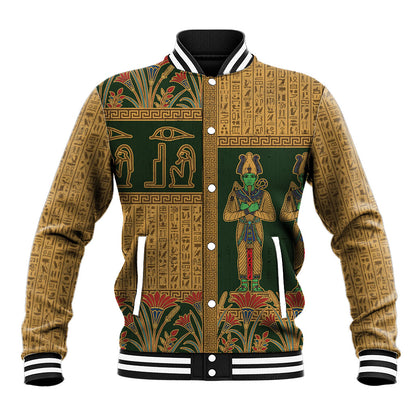Egyptian God Osiris Baseball Jacket Green Pharaonic Hieroglyphic Patterns
