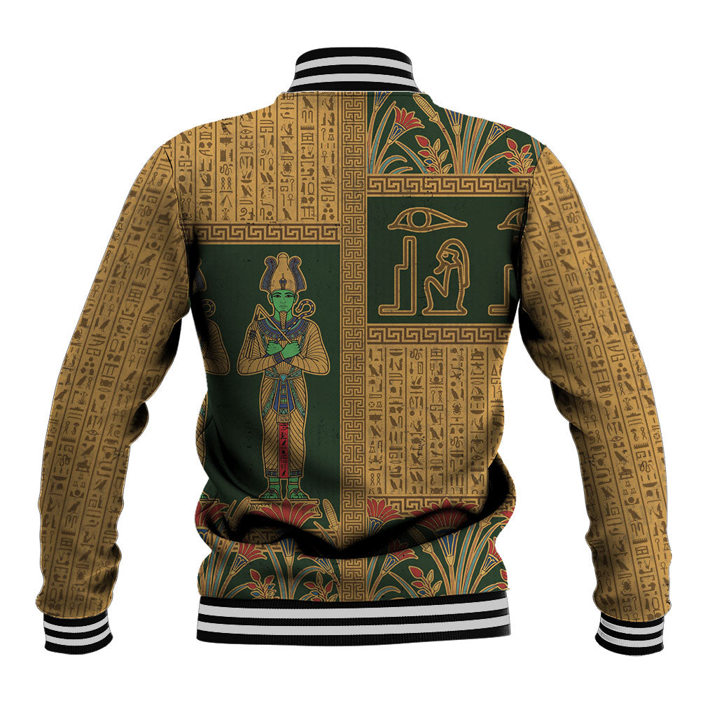 Egyptian God Osiris Baseball Jacket Green Pharaonic Hieroglyphic Patterns