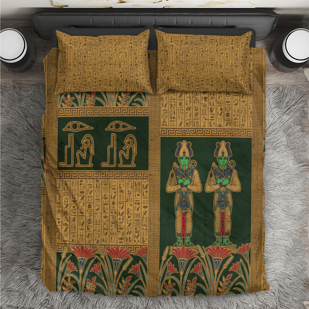 Egyptian God Osiris Bedding Set Green Pharaonic Hieroglyphic Patterns