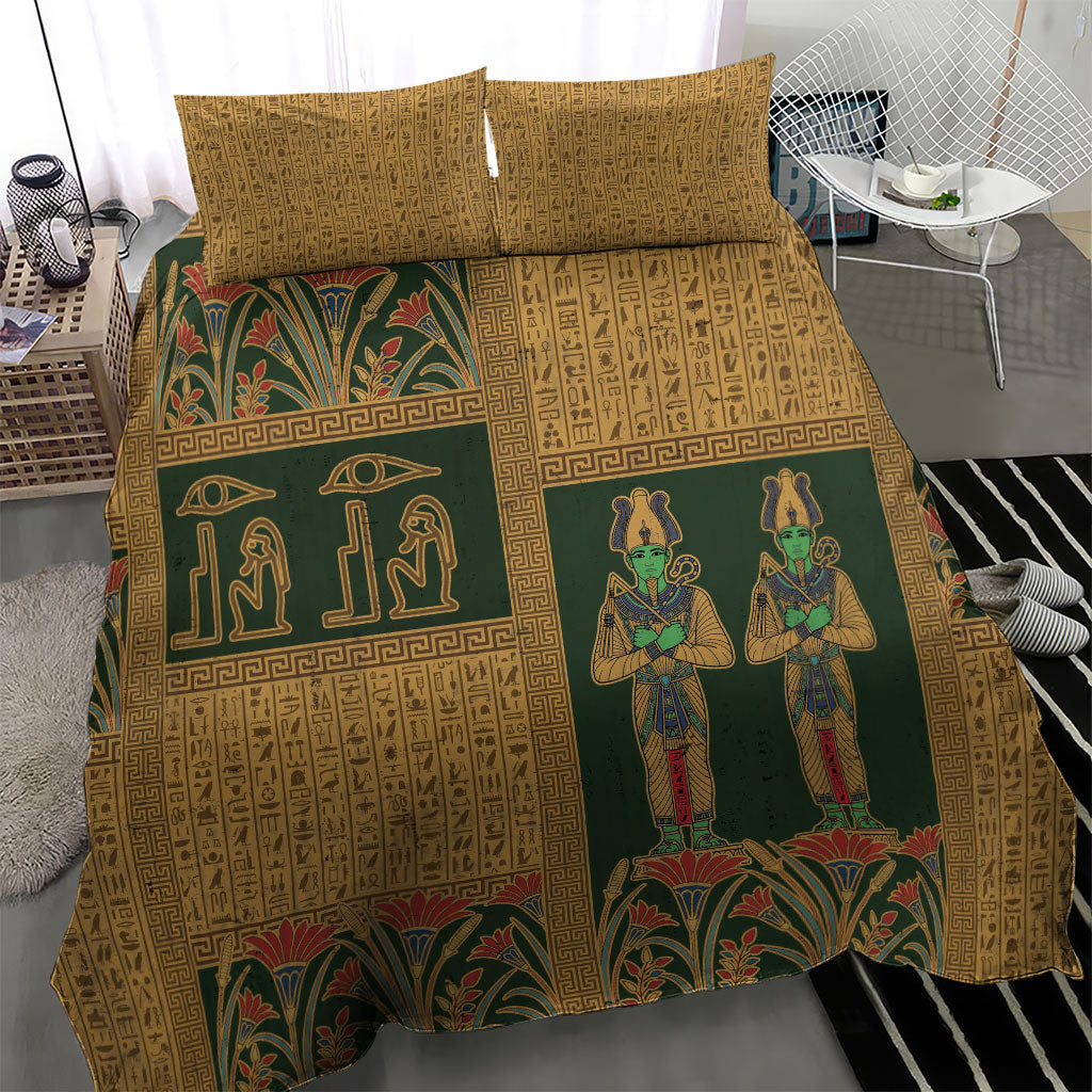 Egyptian God Osiris Bedding Set Green Pharaonic Hieroglyphic Patterns