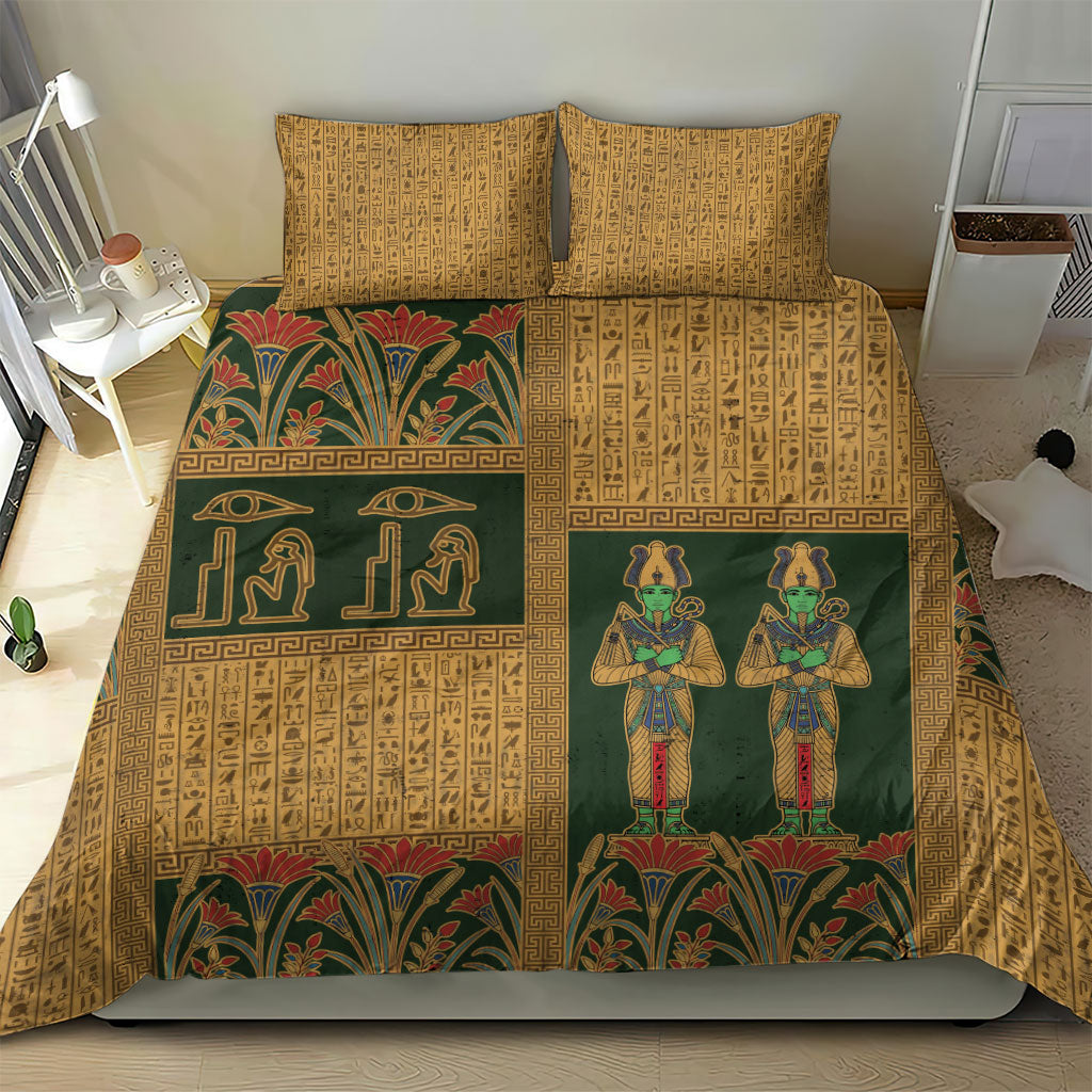 Egyptian God Osiris Bedding Set Green Pharaonic Hieroglyphic Patterns