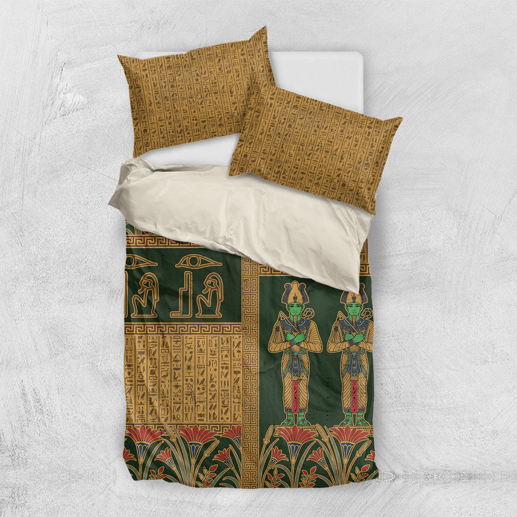Egyptian God Osiris Bedding Set Green Pharaonic Hieroglyphic Patterns