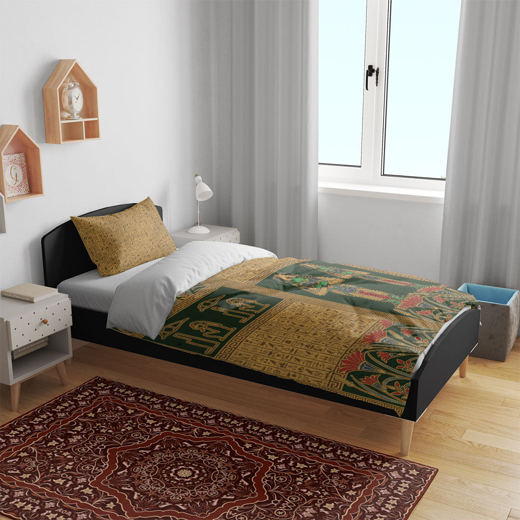 Egyptian God Osiris Bedding Set Green Pharaonic Hieroglyphic Patterns