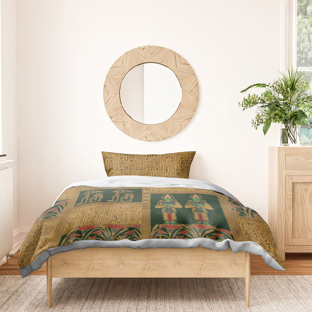 Egyptian God Osiris Bedding Set Green Pharaonic Hieroglyphic Patterns
