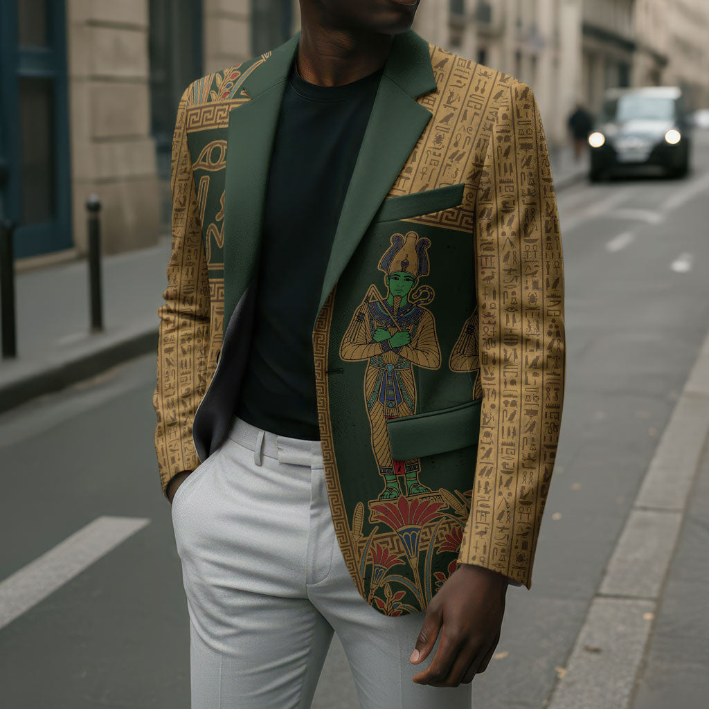 Egyptian God Osiris Blazer Green Pharaonic Hieroglyphic Patterns
