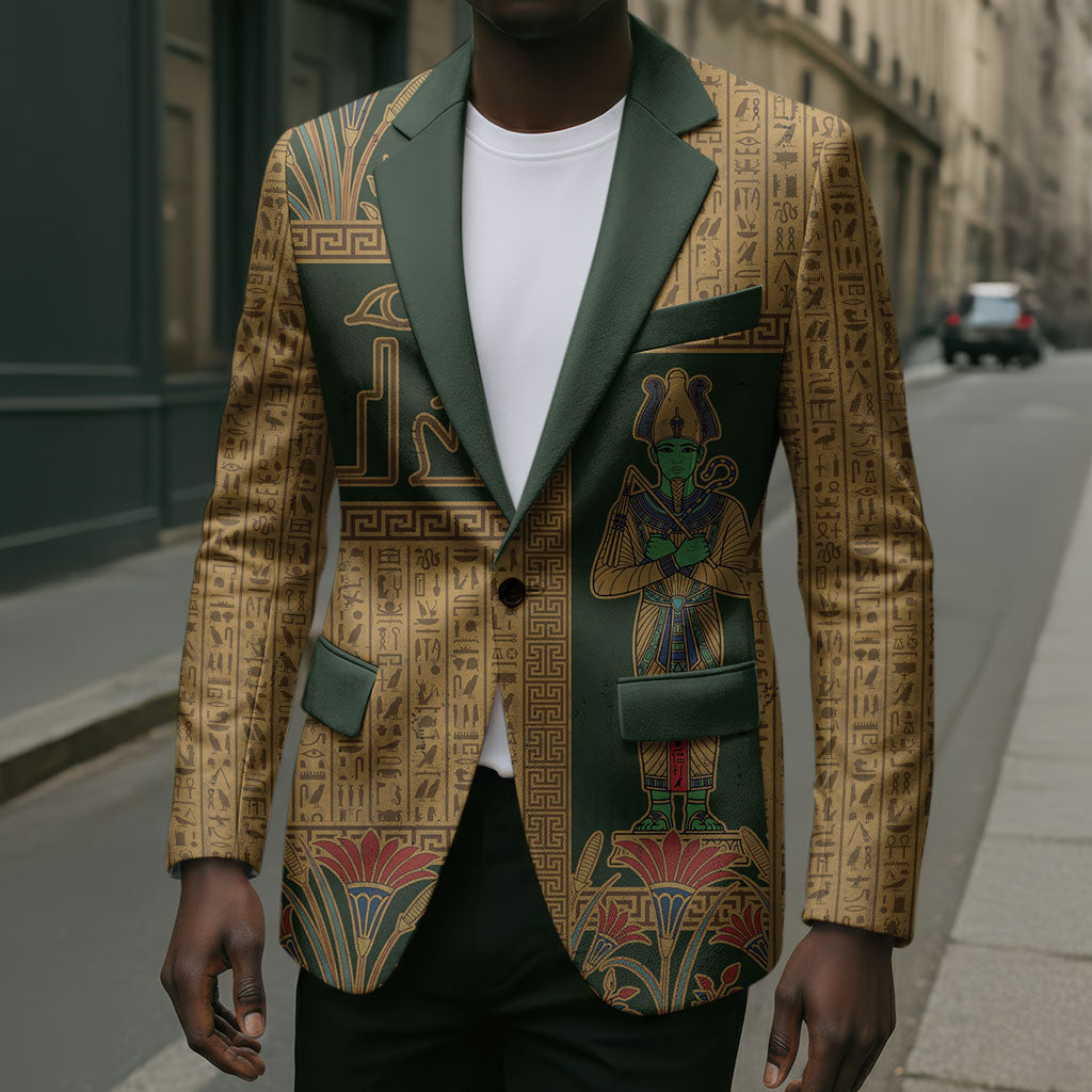Egyptian God Osiris Blazer Green Pharaonic Hieroglyphic Patterns