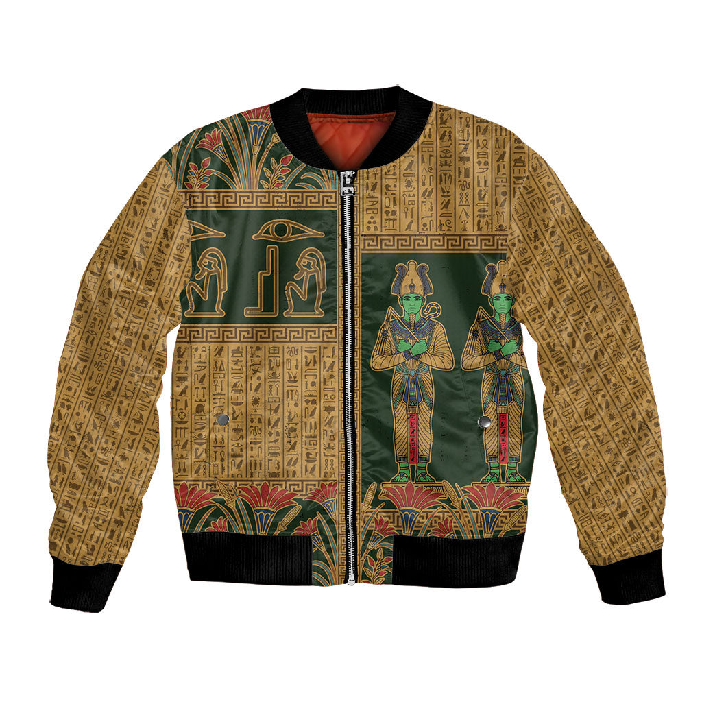 Egyptian God Osiris Bomber Jacket Green Pharaonic Hieroglyphic Patterns