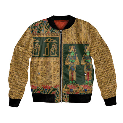 Egyptian God Osiris Bomber Jacket Green Pharaonic Hieroglyphic Patterns