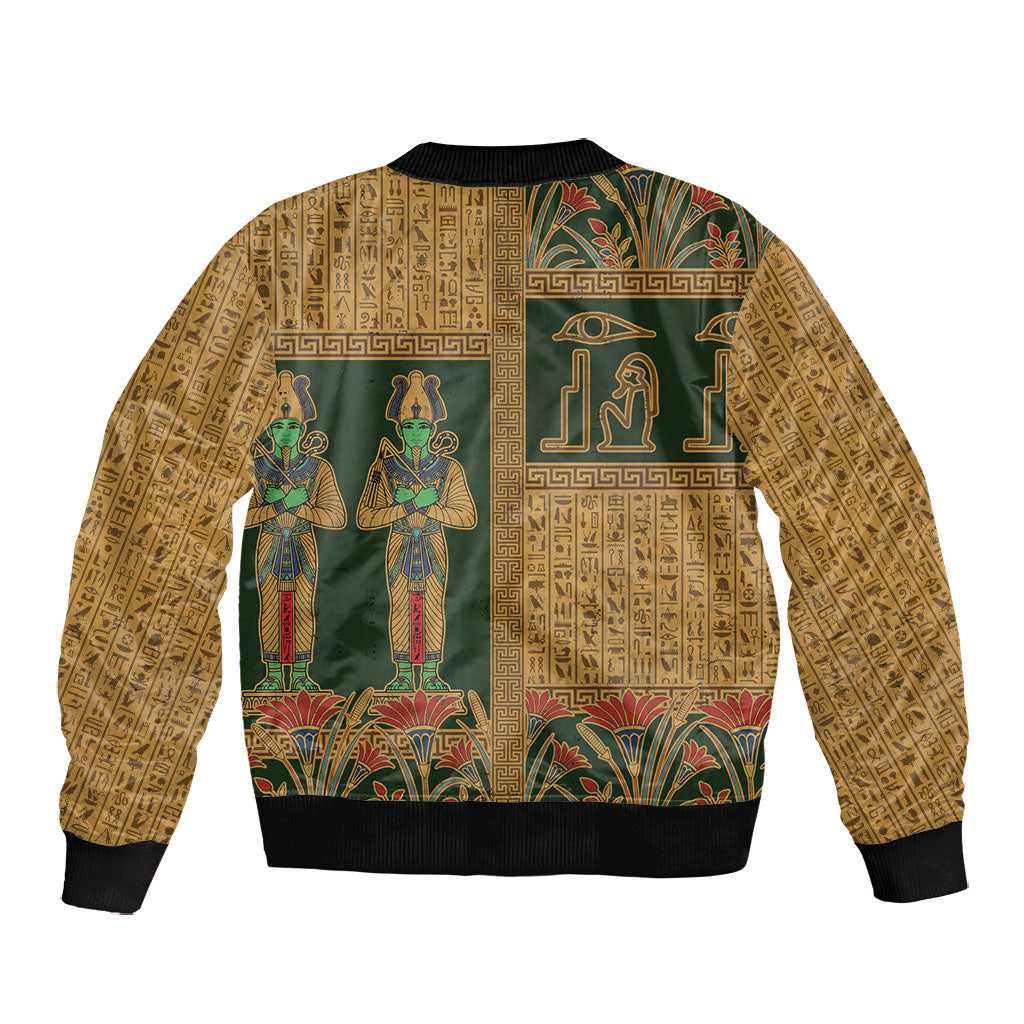 Egyptian God Osiris Bomber Jacket Green Pharaonic Hieroglyphic Patterns