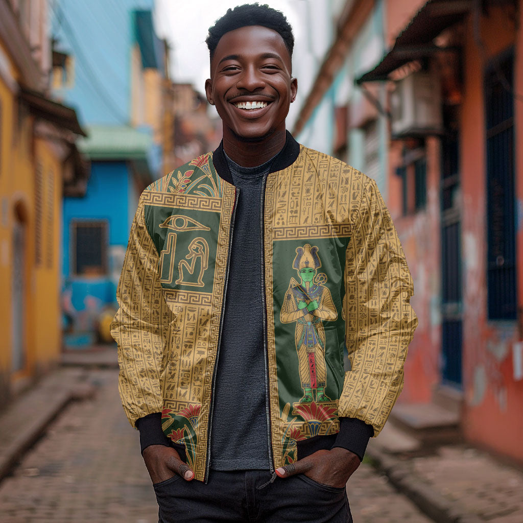 Egyptian God Osiris Bomber Jacket Green Pharaonic Hieroglyphic Patterns
