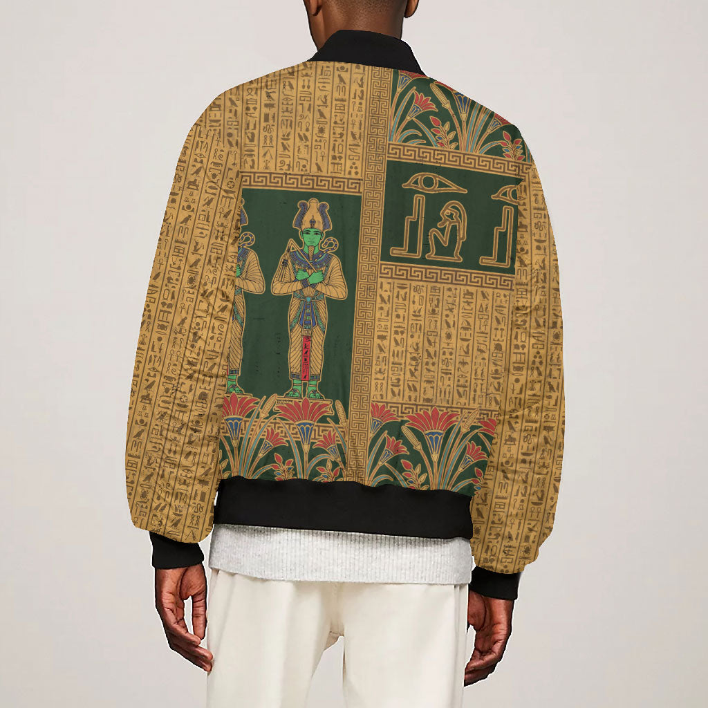 Egyptian God Osiris Bomber Jacket Green Pharaonic Hieroglyphic Patterns