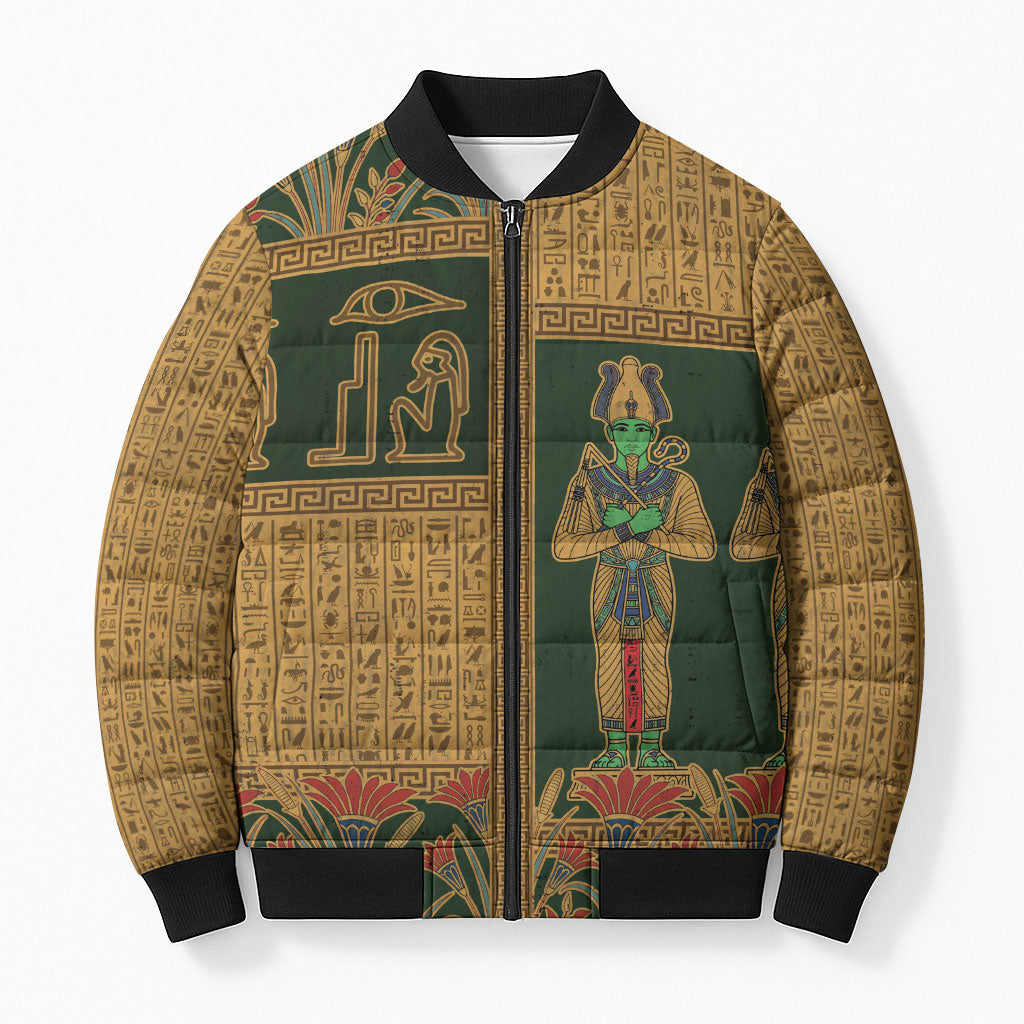 Egyptian God Osiris Bomber Puffer Jacket Green Pharaonic Hieroglyphic Patterns