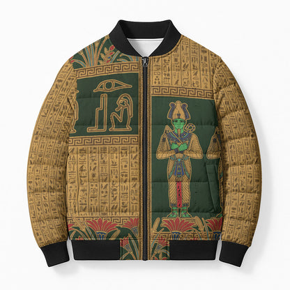Egyptian God Osiris Bomber Puffer Jacket Green Pharaonic Hieroglyphic Patterns