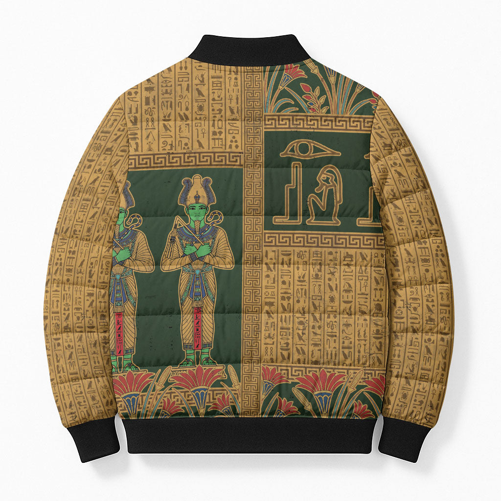 Egyptian God Osiris Bomber Puffer Jacket Green Pharaonic Hieroglyphic Patterns