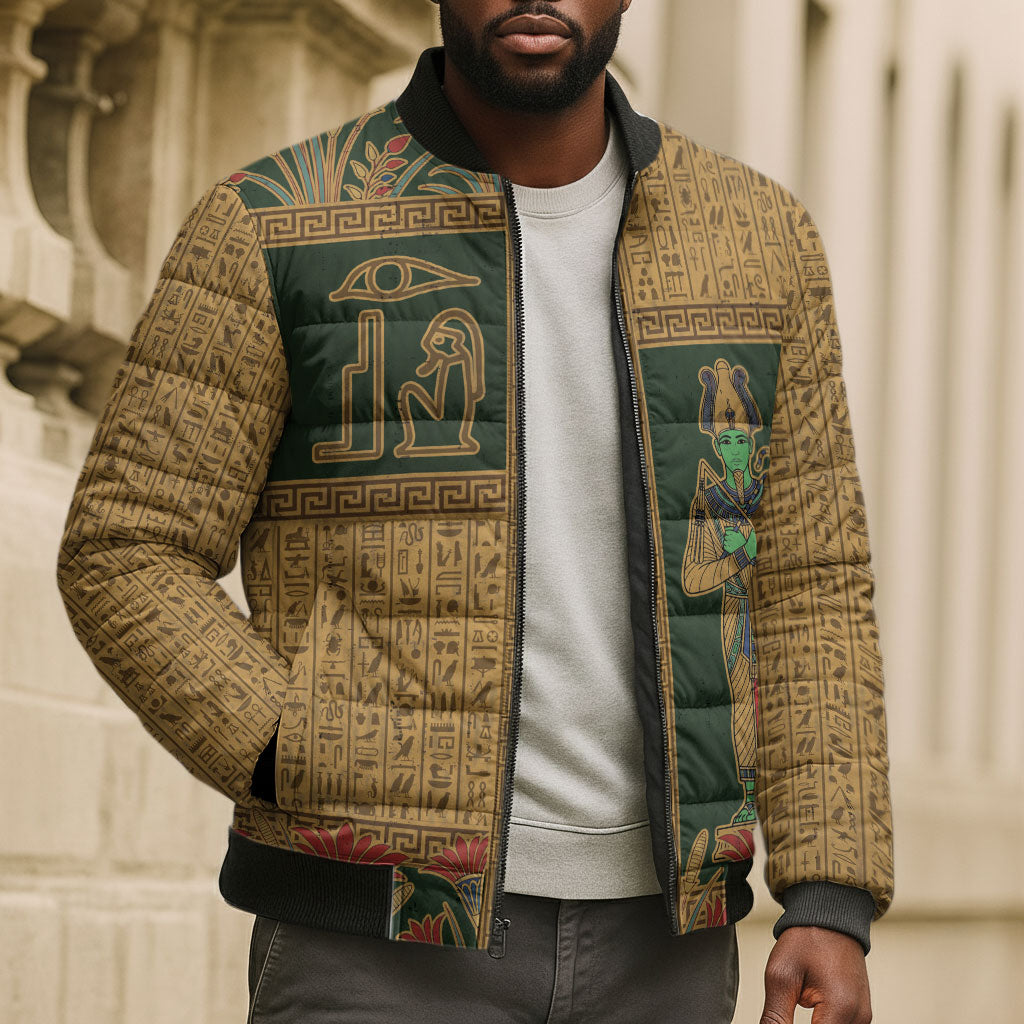 Egyptian God Osiris Bomber Puffer Jacket Green Pharaonic Hieroglyphic Patterns