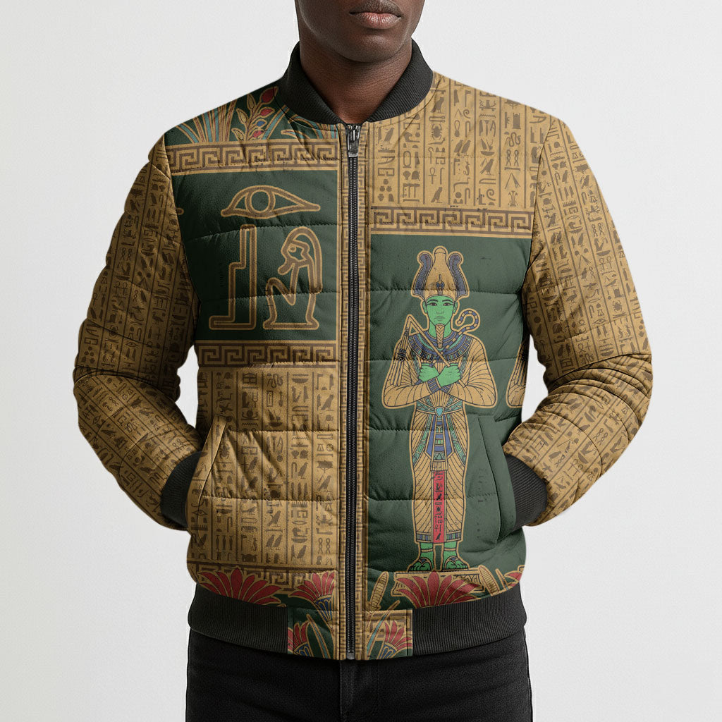Egyptian God Osiris Bomber Puffer Jacket Green Pharaonic Hieroglyphic Patterns