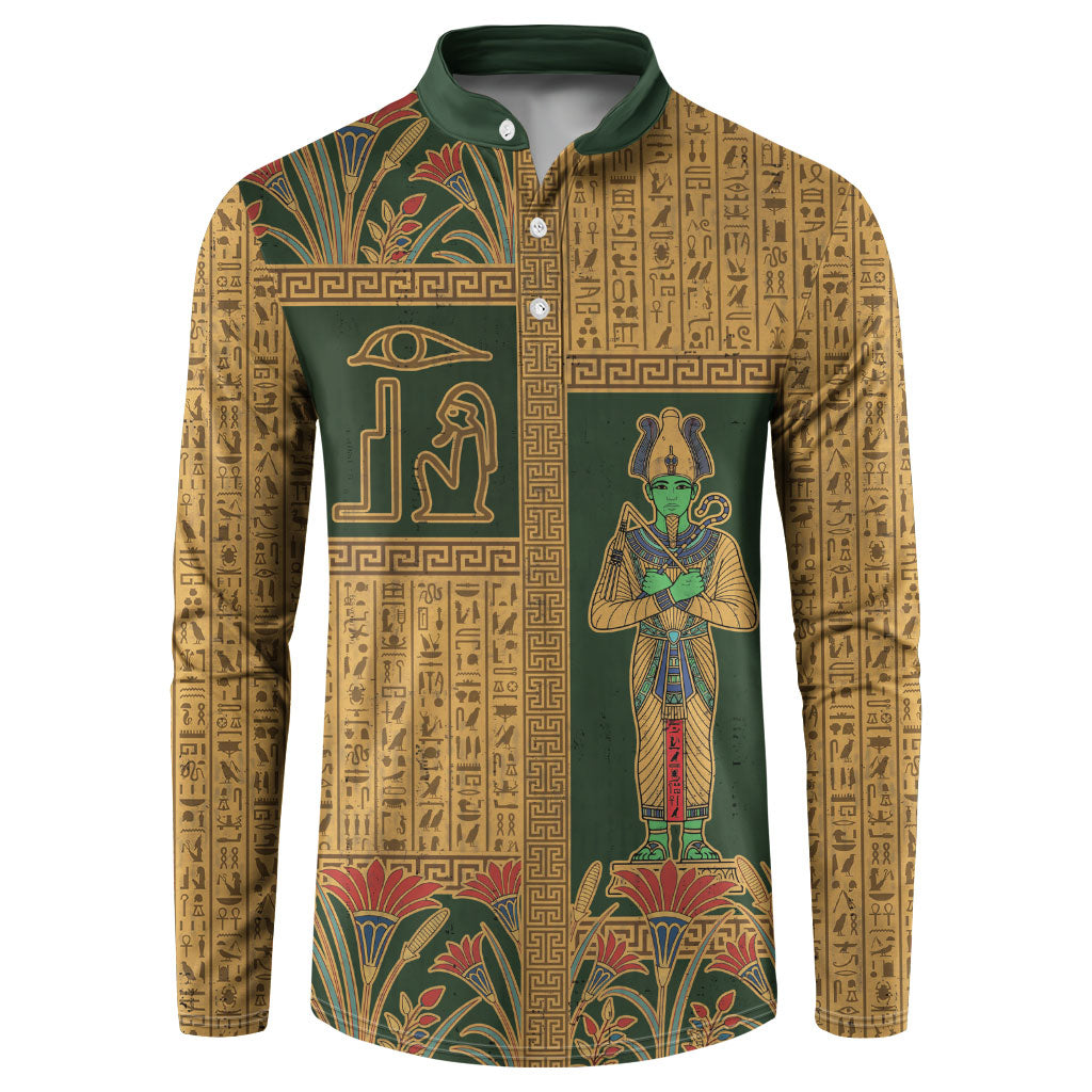 Egyptian God Osiris Button Sweatshirt Green Pharaonic Hieroglyphic Patterns