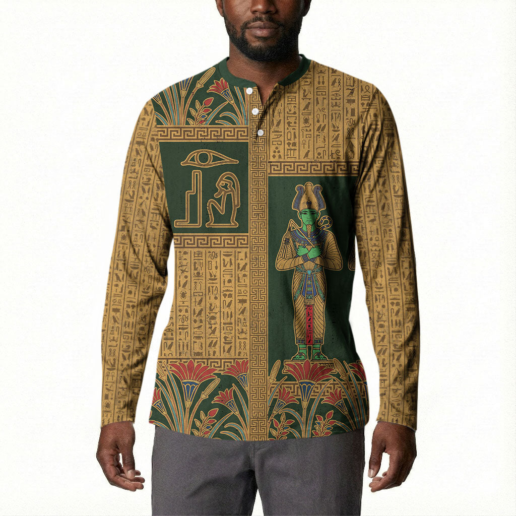 Egyptian God Osiris Button Sweatshirt Green Pharaonic Hieroglyphic Patterns
