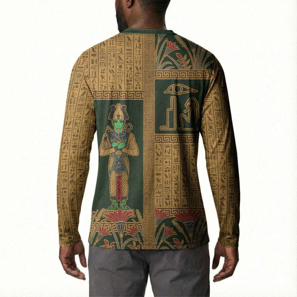Egyptian God Osiris Button Sweatshirt Green Pharaonic Hieroglyphic Patterns