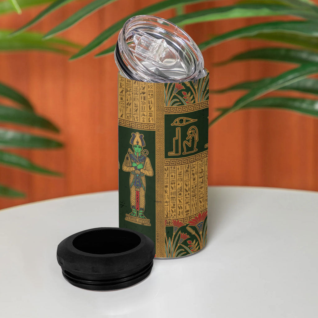 Egyptian God Osiris 4 in 1 Can Cooler Tumbler Green Pharaonic Hieroglyphic Patterns