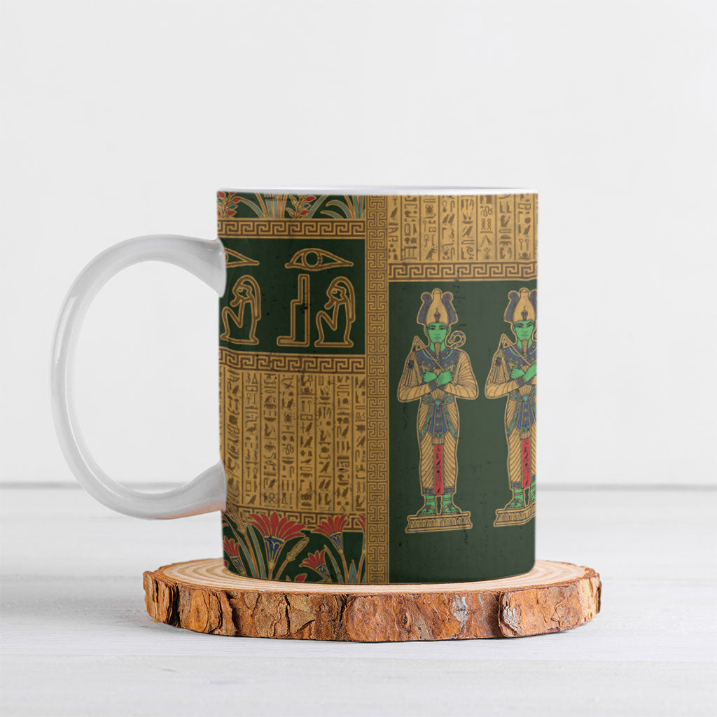 Egyptian God Osiris Ceramic Mug Green Pharaonic Hieroglyphic Patterns