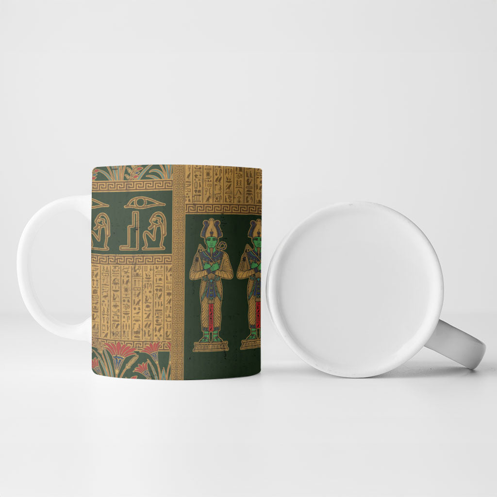 Egyptian God Osiris Ceramic Mug Green Pharaonic Hieroglyphic Patterns