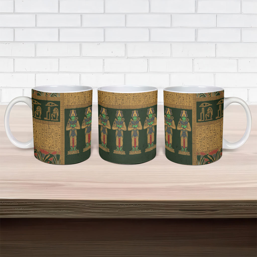 Egyptian God Osiris Ceramic Mug Green Pharaonic Hieroglyphic Patterns
