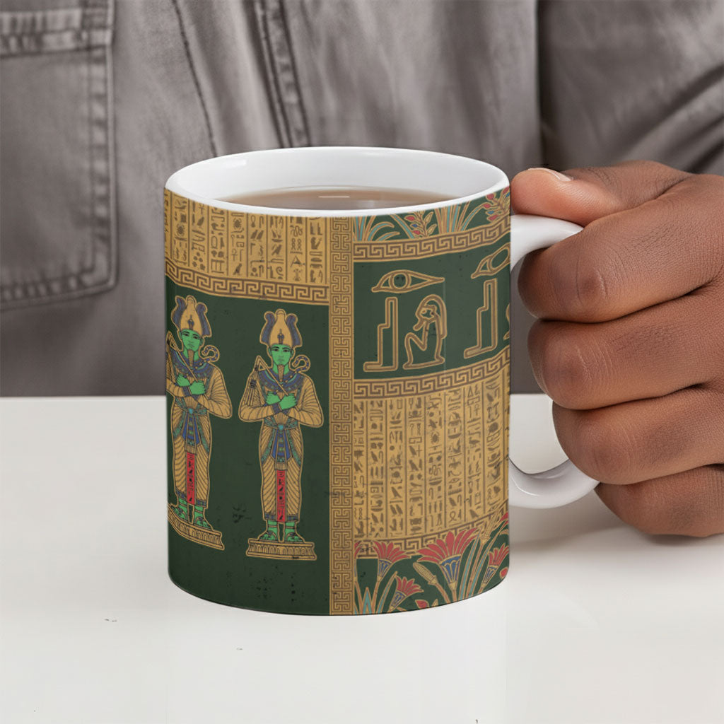 Egyptian God Osiris Ceramic Mug Green Pharaonic Hieroglyphic Patterns