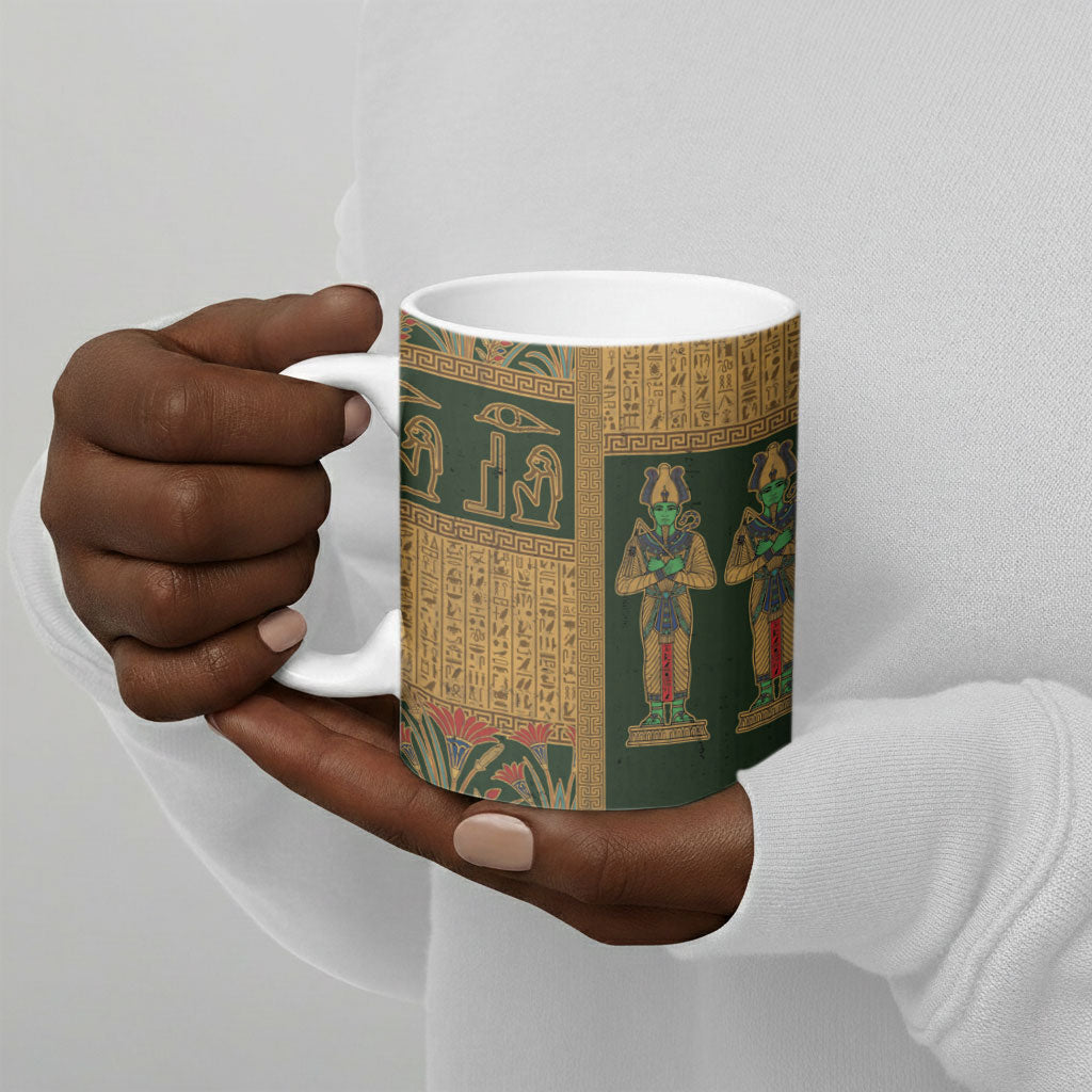 Egyptian God Osiris Ceramic Mug Green Pharaonic Hieroglyphic Patterns