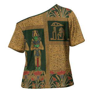 Egyptian God Osiris Cross Shoulder Shirt Green Pharaonic Hieroglyphic Patterns