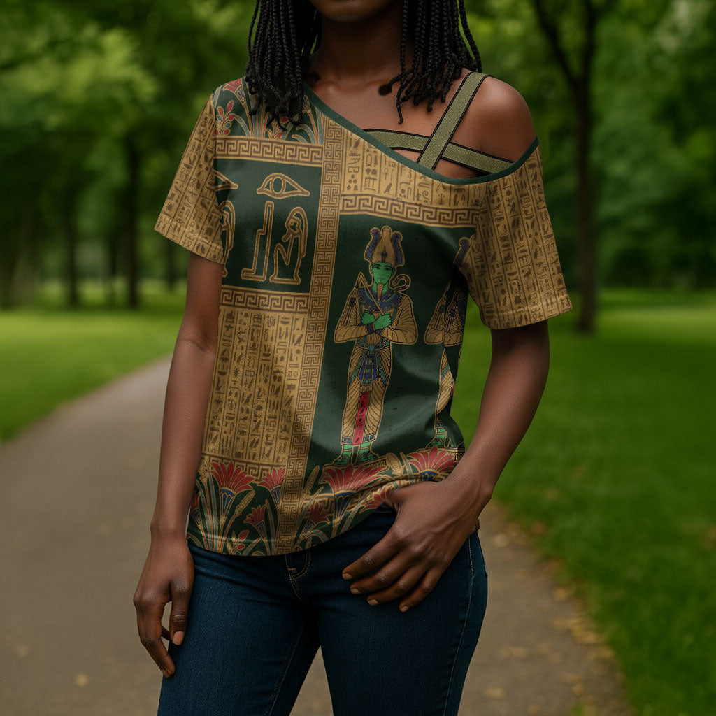Egyptian God Osiris Cross Shoulder Shirt Green Pharaonic Hieroglyphic Patterns