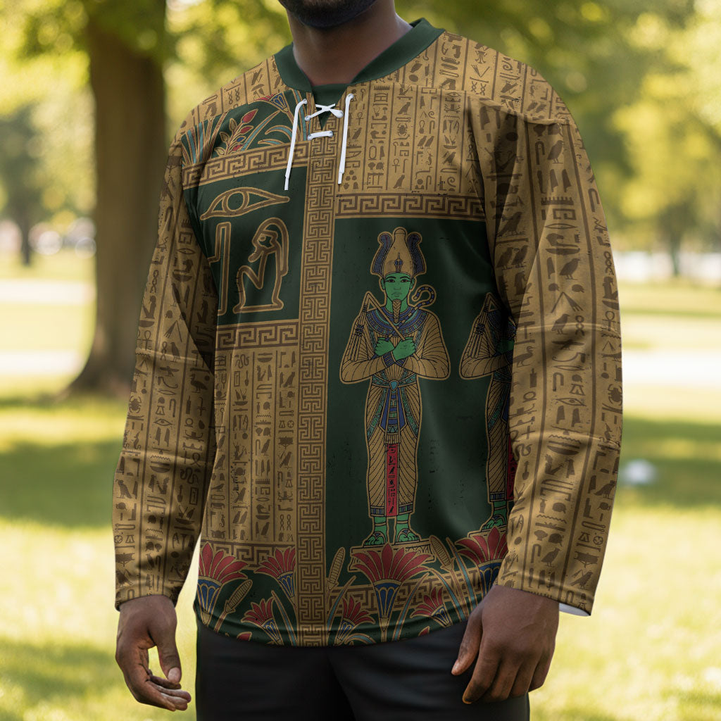 Egyptian God Osiris Hockey Jersey Green Pharaonic Hieroglyphic Patterns