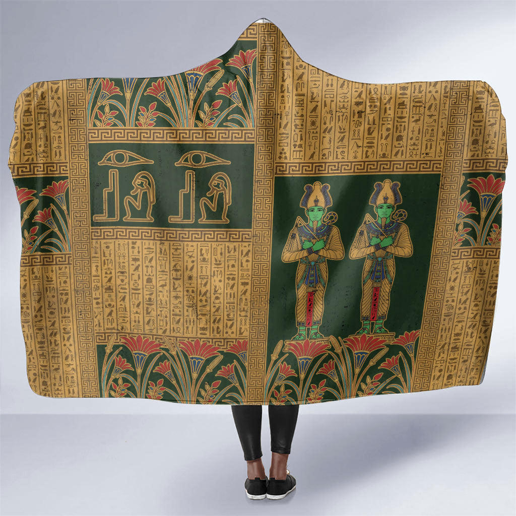 Egyptian God Osiris Hooded Blanket Green Pharaonic Hieroglyphic Patterns
