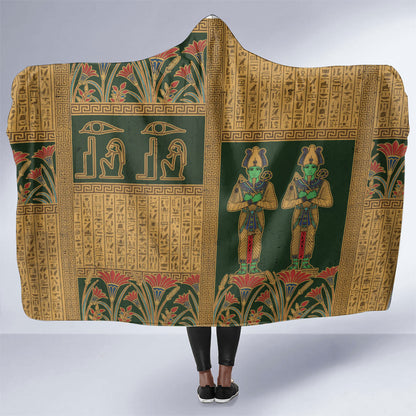 Egyptian God Osiris Hooded Blanket Green Pharaonic Hieroglyphic Patterns