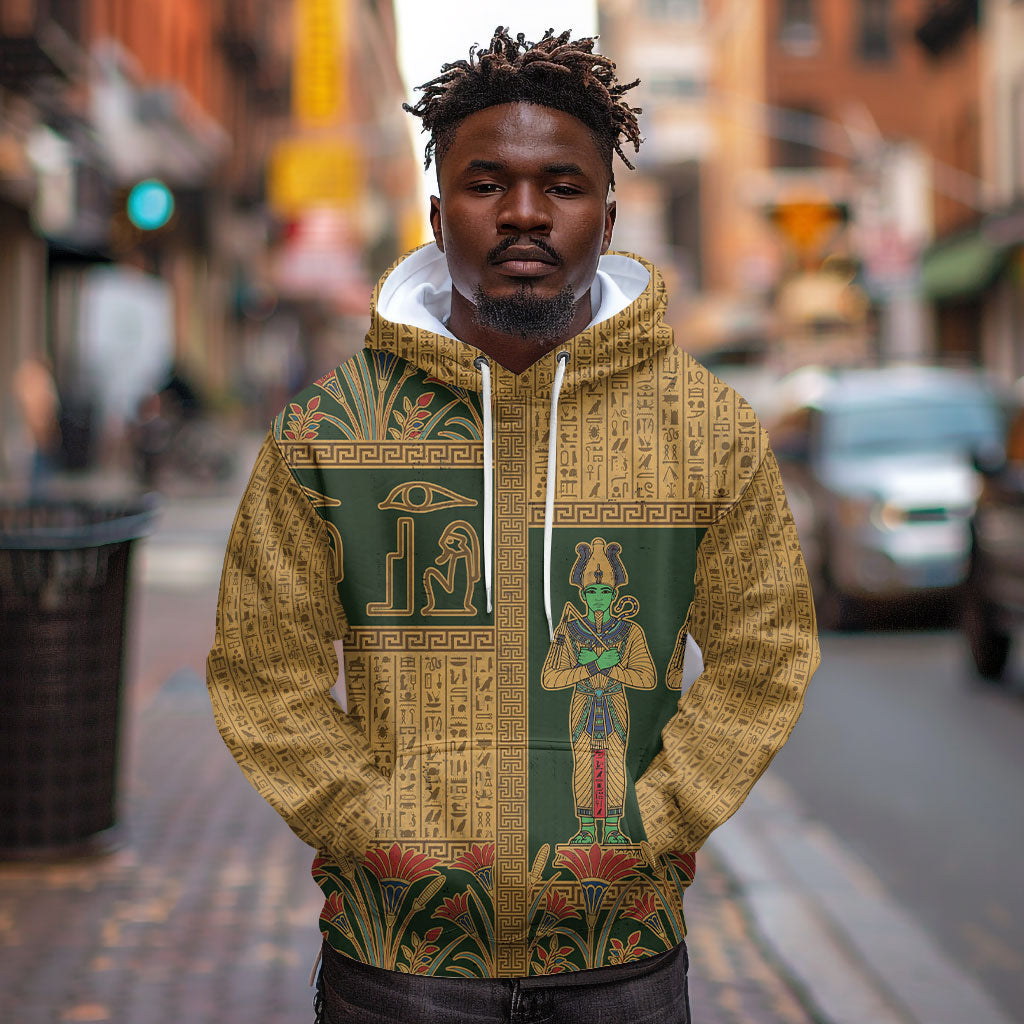 Egyptian God Osiris Hoodie Green Pharaonic Hieroglyphic Patterns
