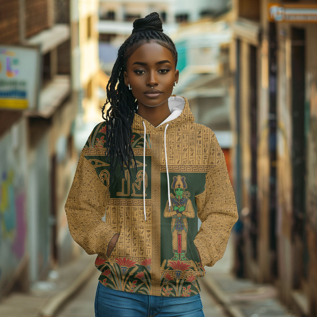 Egyptian God Osiris Hoodie Green Pharaonic Hieroglyphic Patterns