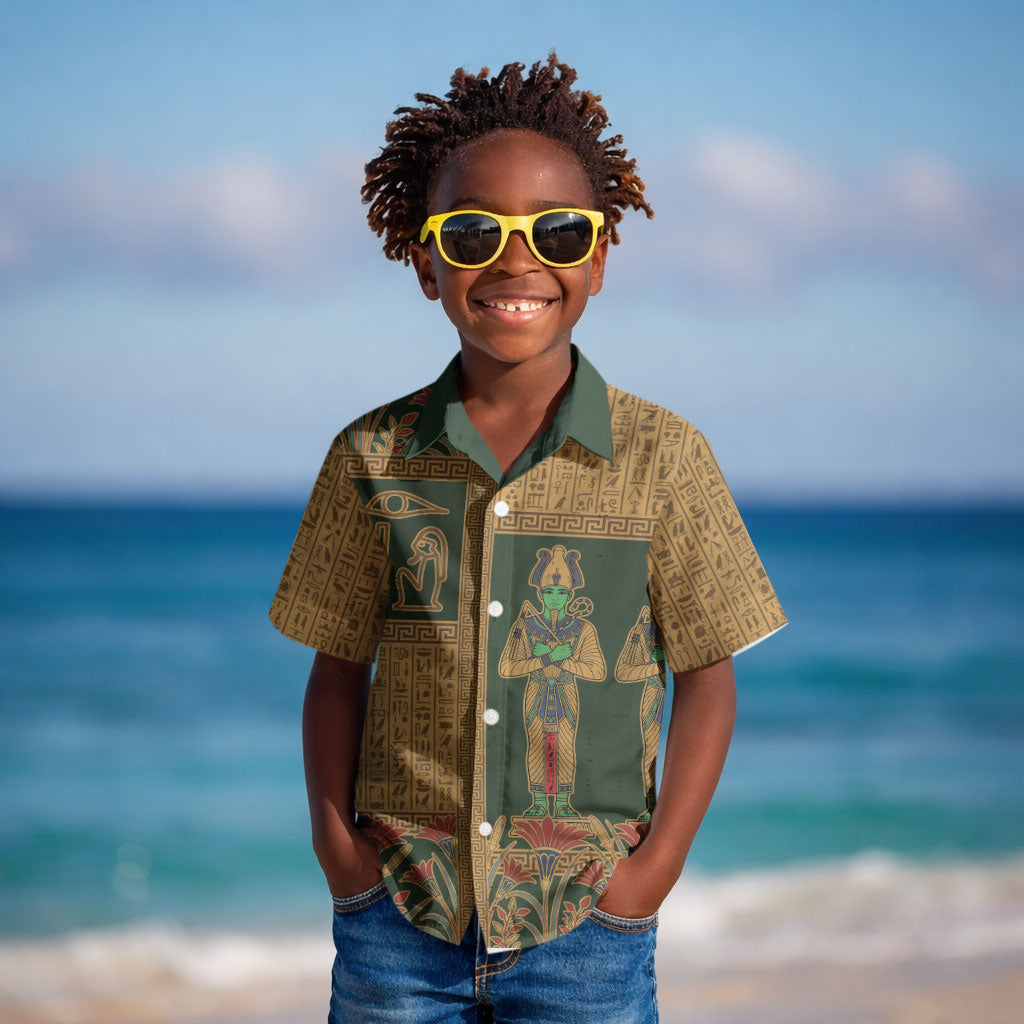 Egyptian God Osiris Kid Hawaiian Shirt Green Pharaonic Hieroglyphic Patterns