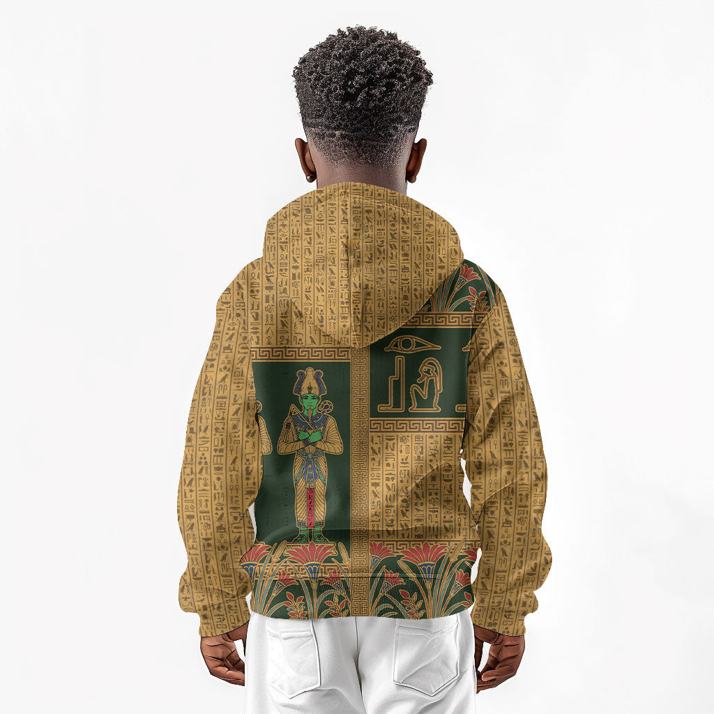 Egyptian God Osiris Kid Hoodie Green Pharaonic Hieroglyphic Patterns