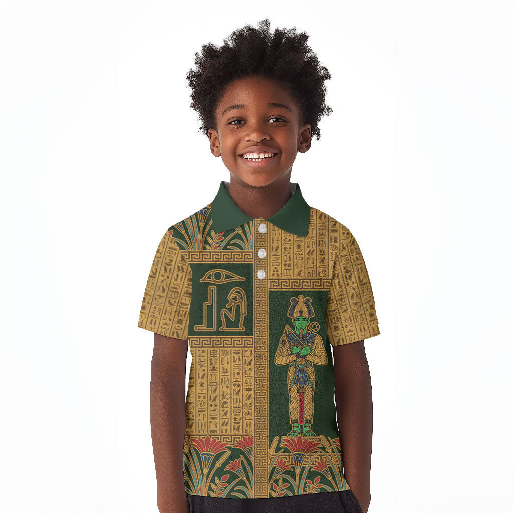 Egyptian God Osiris Kid Polo Shirt Green Pharaonic Hieroglyphic Patterns