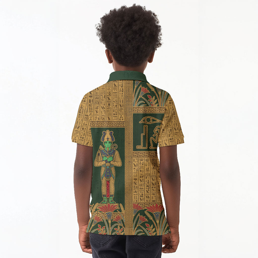Egyptian God Osiris Kid Polo Shirt Green Pharaonic Hieroglyphic Patterns