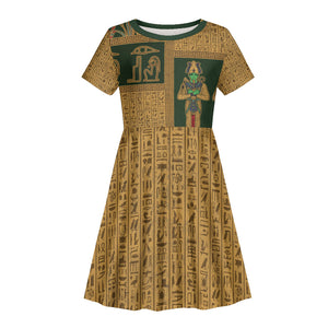 Egyptian God Osiris Kid Short Sleeve Dress Green Pharaonic Hieroglyphic Patterns