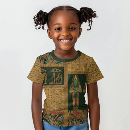 Egyptian God Osiris Kid T shirt Green Pharaonic Hieroglyphic Patterns