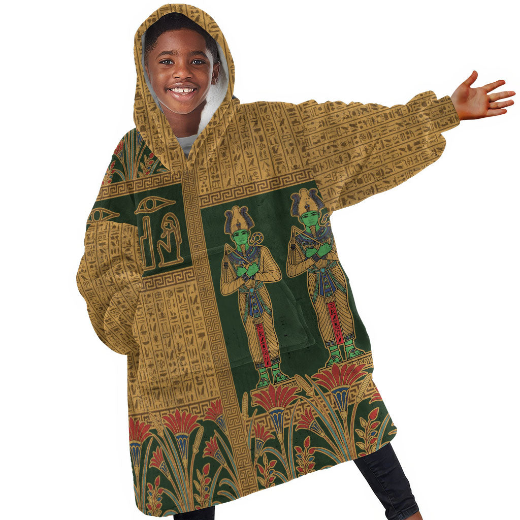 Egyptian God Osiris Kid Wearable Blanket Hoodie Green Pharaonic Hieroglyphic Patterns