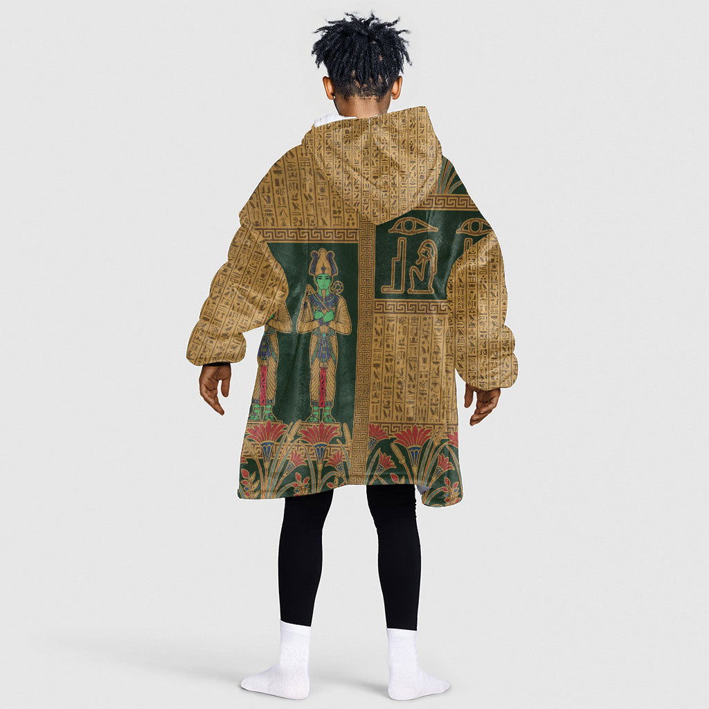 Egyptian God Osiris Kid Wearable Blanket Hoodie Green Pharaonic Hieroglyphic Patterns