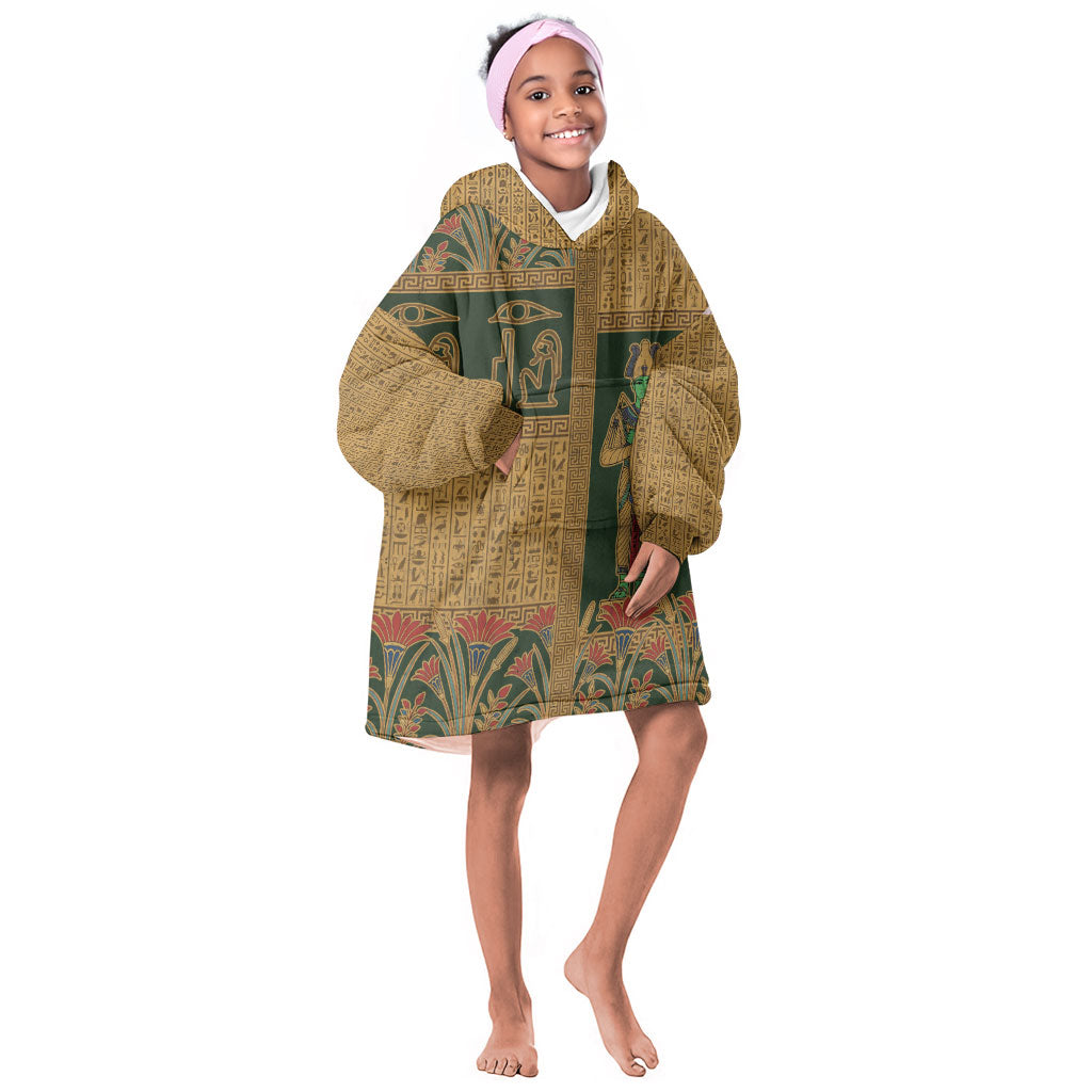 Egyptian God Osiris Kid Wearable Blanket Hoodie Green Pharaonic Hieroglyphic Patterns
