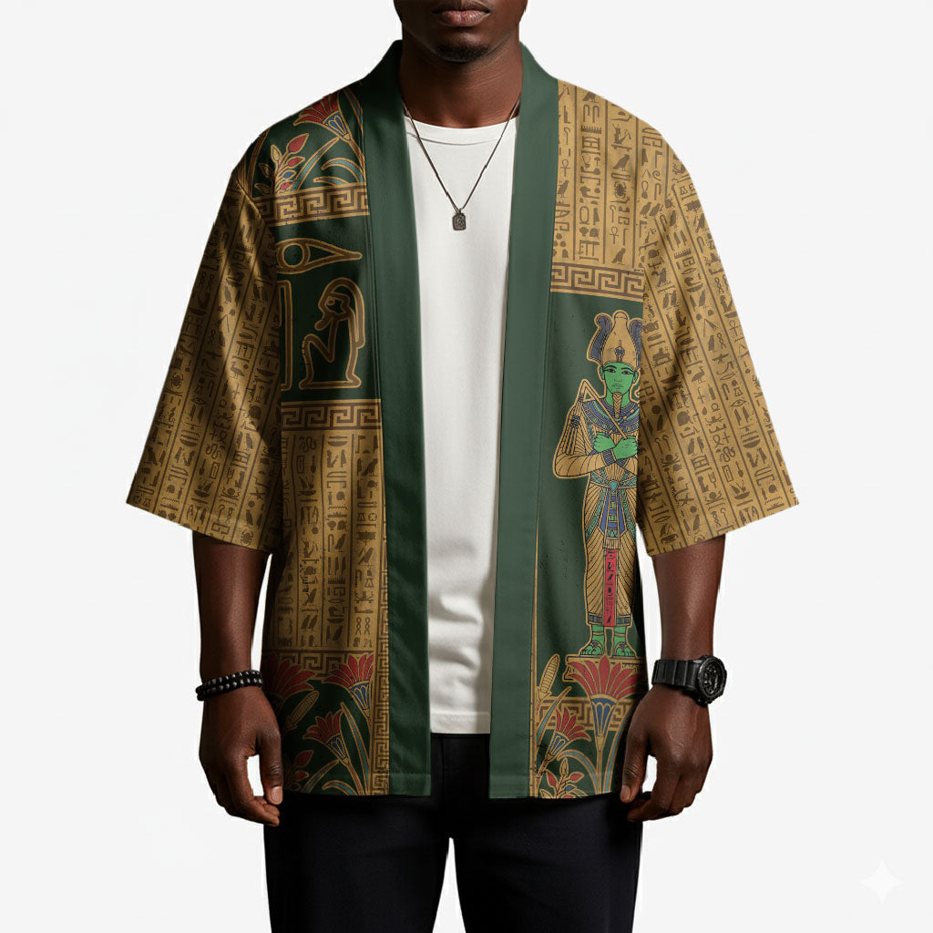 Egyptian God Osiris Kimono Green Pharaonic Hieroglyphic Patterns
