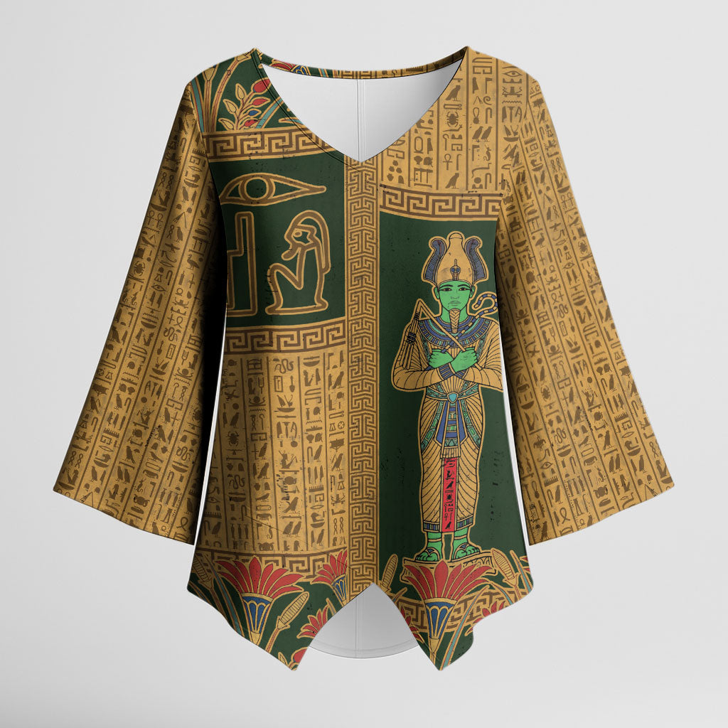 Egyptian God Osiris Kimono Sleeve Blouse Green Pharaonic Hieroglyphic Patterns