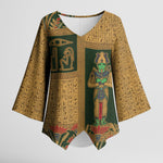 Egyptian God Osiris Kimono Sleeve Blouse Green Pharaonic Hieroglyphic Patterns