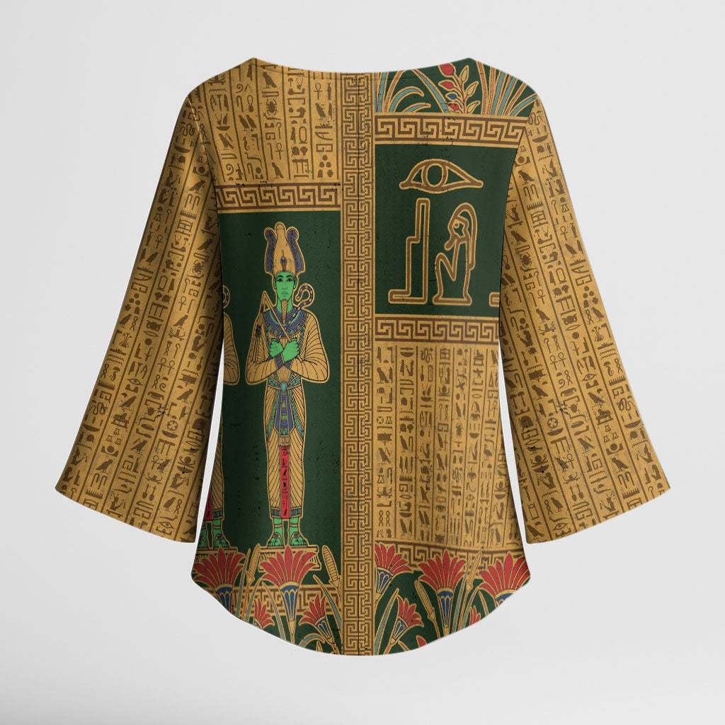Egyptian God Osiris Kimono Sleeve Blouse Green Pharaonic Hieroglyphic Patterns