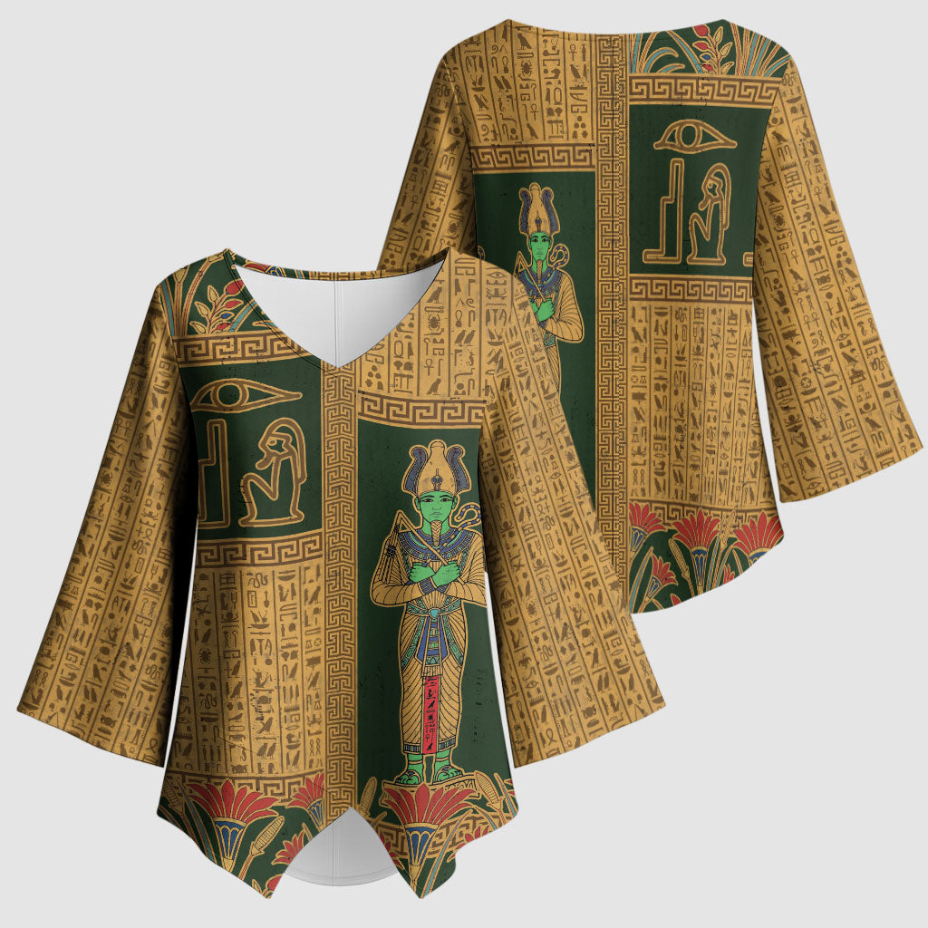 Egyptian God Osiris Kimono Sleeve Blouse Green Pharaonic Hieroglyphic Patterns